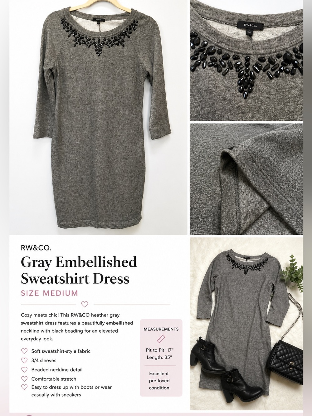 RW&CO Heather Gray Sweatshirt Dress | Beaded Neckline | Size M